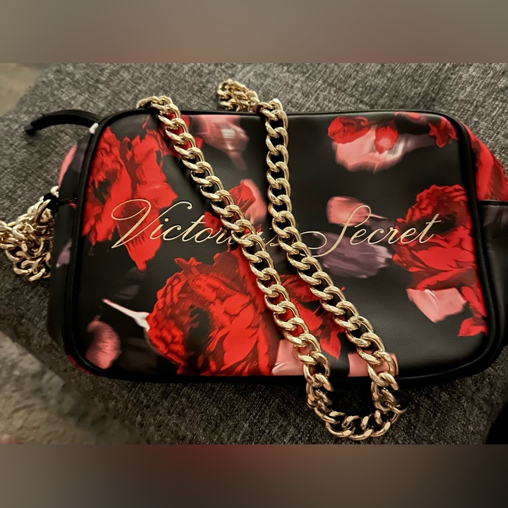 Victoria's Secret Black and Red Floral Bag with Gold Chain